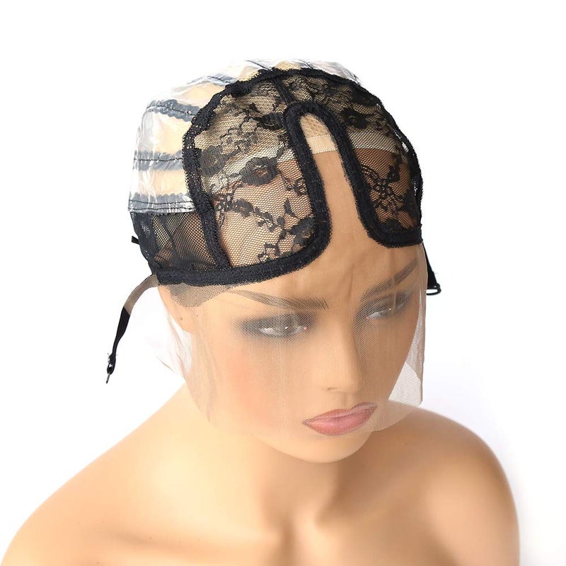 BTWTRY U Part Wig Cap with Lace for Wigs Making with Adjustable Strap Middle Part Medium Size Black Weaving Wig Cap for Women and Girls DIY Wigs (1 Pc, 0051) - Image 1